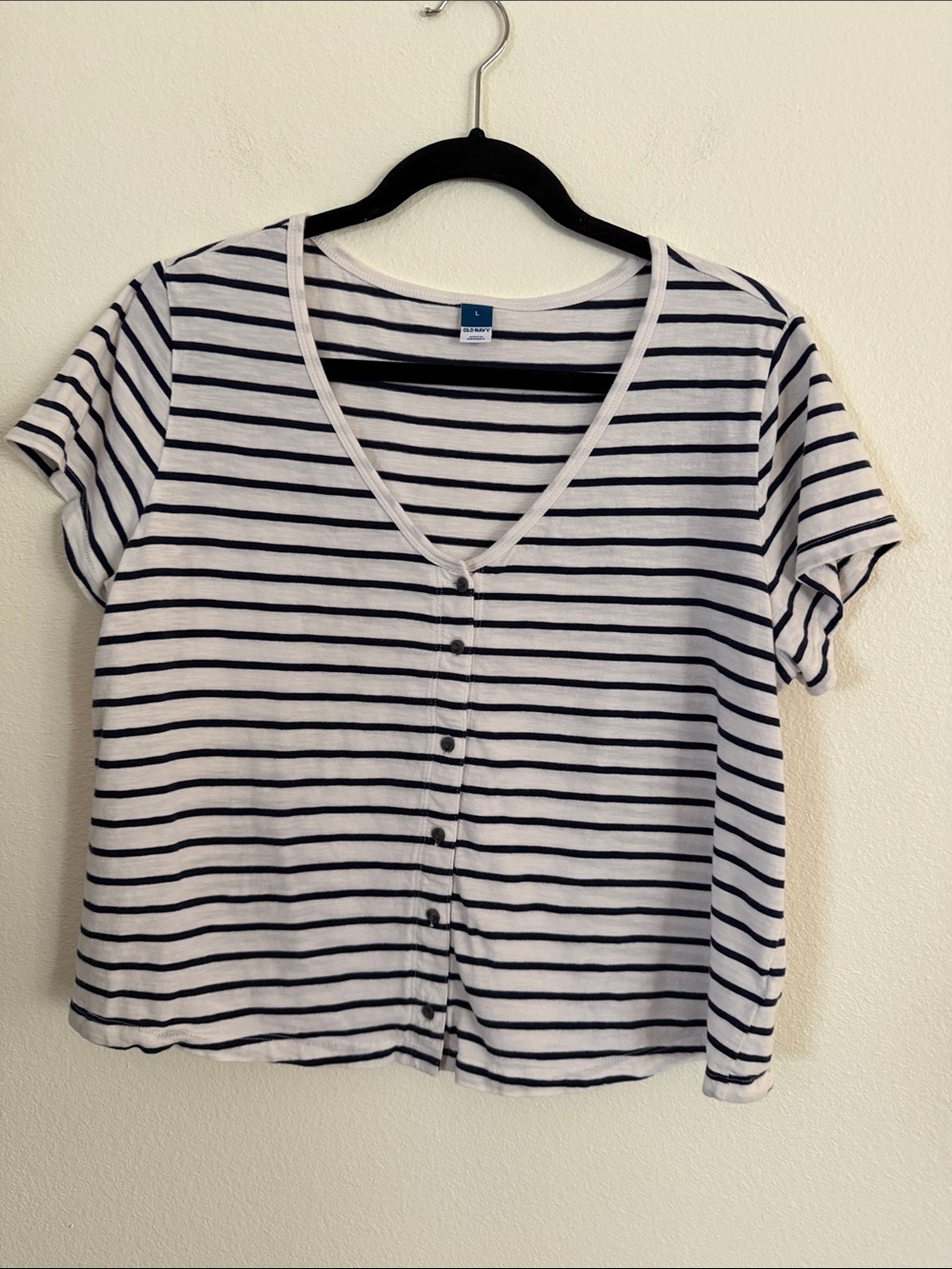 Old Navy Black & White Striped V-Neck Button Front Tee